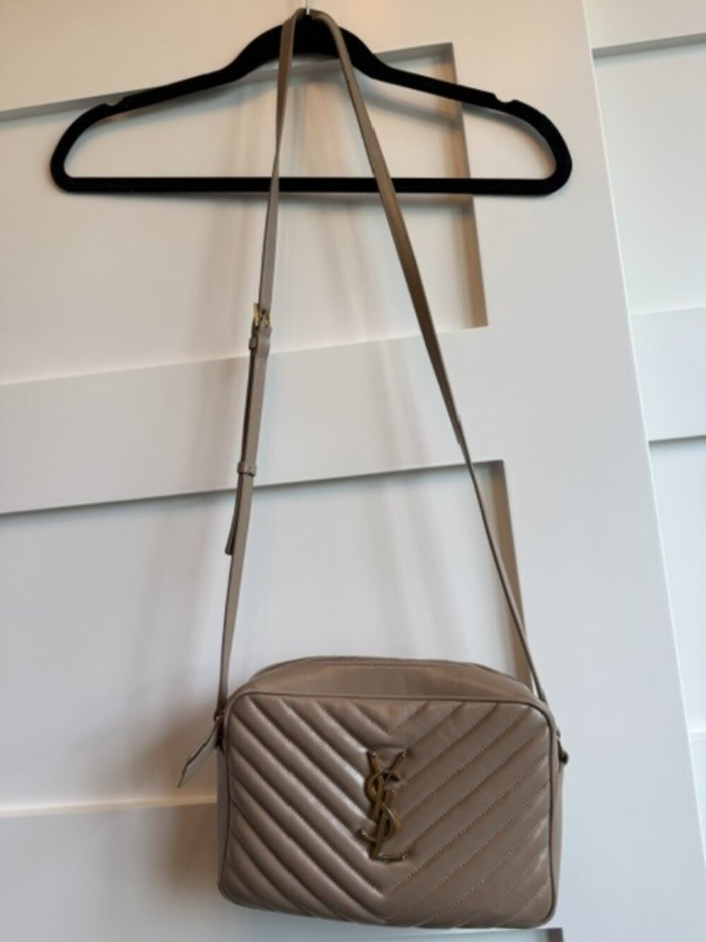 Authentic Classic Saint Laurent Lou Chevron Crossbody Camera Bag Beige Brown